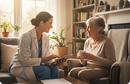 Healthcare professional speaking with an older adult